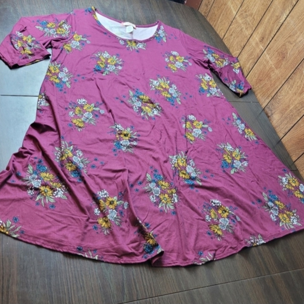 C'Est La Vie Floral Magenta Midi Dress with 3/4 Sleeves 2x